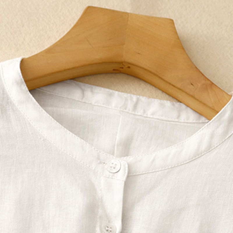 Buddha Stones Solid Color Crew Neck Buttons Design Women's Cotton Long Sleeve Shirt - image 10