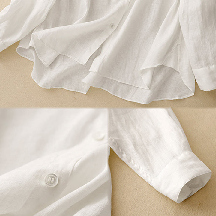 Buddha Stones Solid Color Crew Neck Buttons Design Women's Cotton Long Sleeve Shirt - image 15