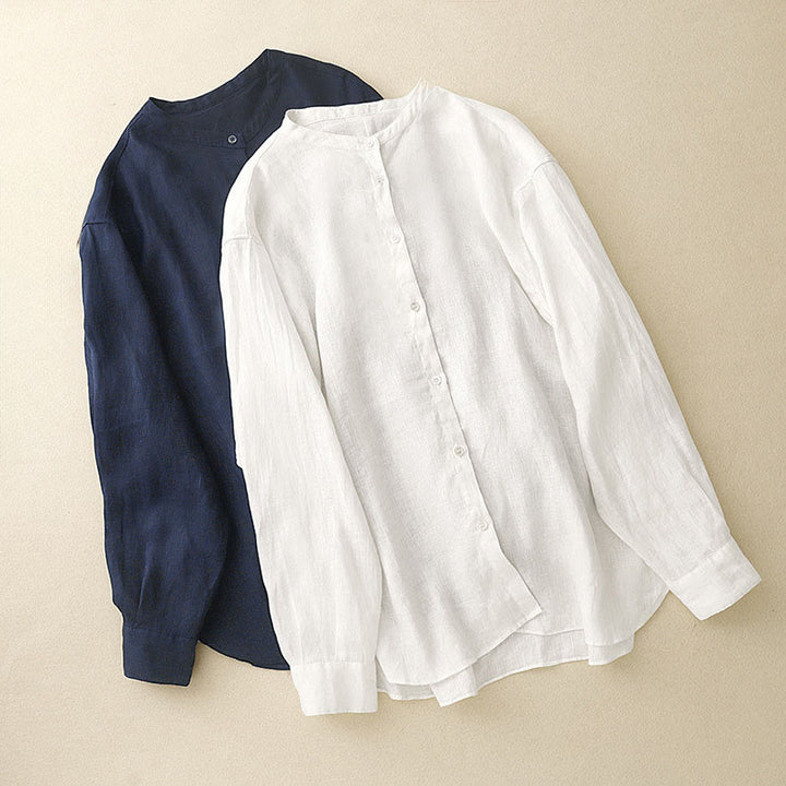 Buddha Stones Solid Color Crew Neck Buttons Design Women's Long Sleeve Shirt - image 16