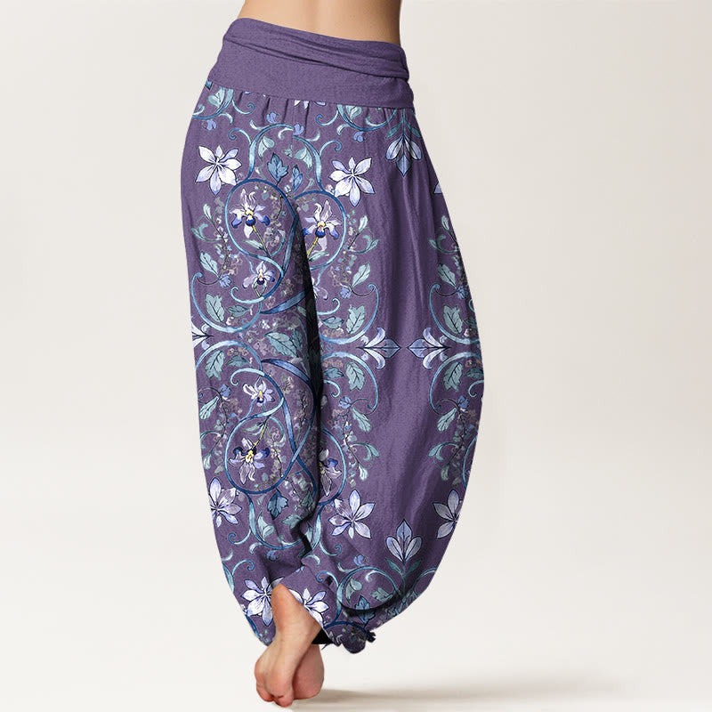 Buddha Stones Cotton Symmetrical Flower Vines Leaves Pattern Women's Elastic Waist Harem Pants - image 6