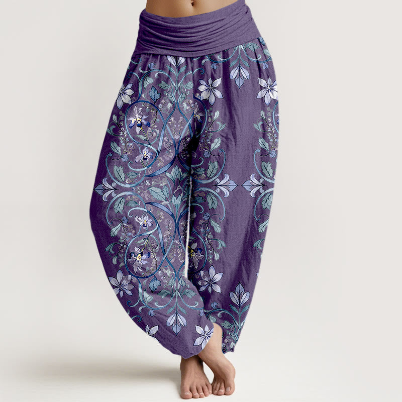 Buddha Stones Cotton Symmetrical Flower Vines Leaves Pattern Women's Elastic Waist Harem Pants - DarkOrchid - US16，UK/AU20，EU48 (3XL) - image 5