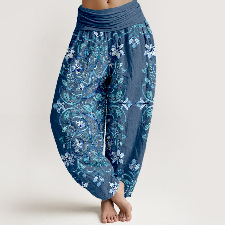 Buddha Stones Cotton Symmetrical Flower Vines Leaves Pattern Women's Elastic Waist Harem Pants - RoyalBlue - US16，UK/AU20，EU48 (3XL) - image 8