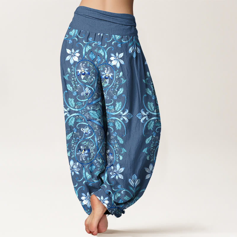 Buddha Stones Cotton Symmetrical Flower Vines Leaves Pattern Women's Elastic Waist Harem Pants - image 9