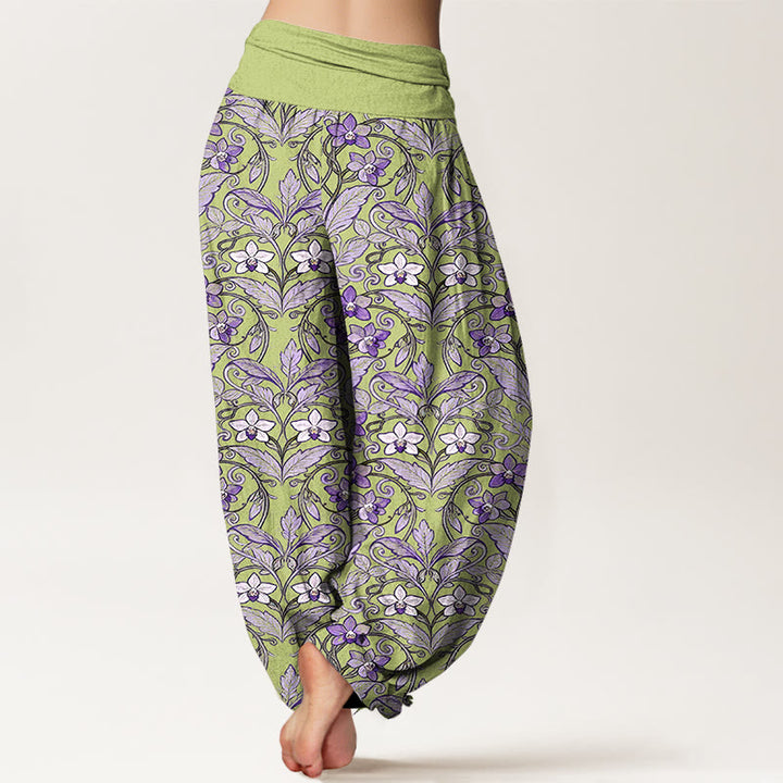 Buddha Stones Cotton Star Shaped Flowers Leaves Pattern Women's Elastic Waist Harem Pants - image 1