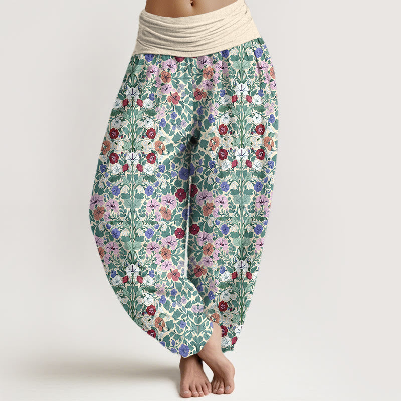 Buddha Stones Cotton Softly Colored Flower Leaf Pattern Women's Elastic Waist Harem Pants - LightGoldenrodYellow - US16，UK/AU20，EU48 (3XL) - image 0