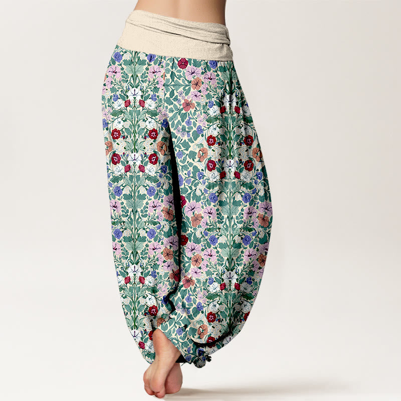 Buddha Stones Cotton Softly Colored Flower Leaf Pattern Women's Elastic Waist Harem Pants - image 1