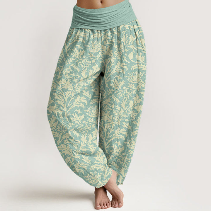 Buddha Stones Cotton Flowers Buds Serrated Leaves Pattern Women's Elastic Waist Harem Pants - Turquoise - US16，UK/AU20，EU48 (3XL) - image 0