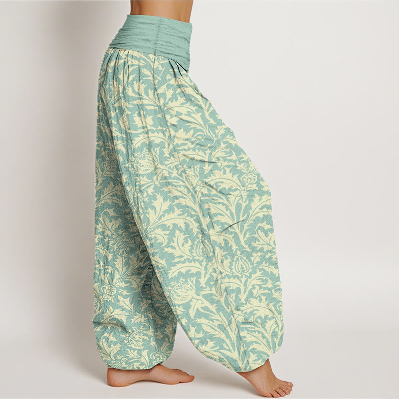 Buddha Stones Cotton Flowers Buds Serrated Leaves Pattern Women's Elastic Waist Harem Pants - image 2