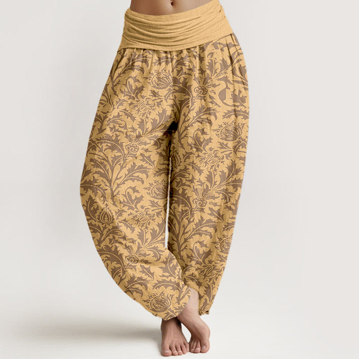 Buddha Stones Cotton Flowers Buds Serrated Leaves Pattern Women's Elastic Waist Harem Pants - SandyBrown - US16，UK/AU20，EU48 (3XL) - image 5