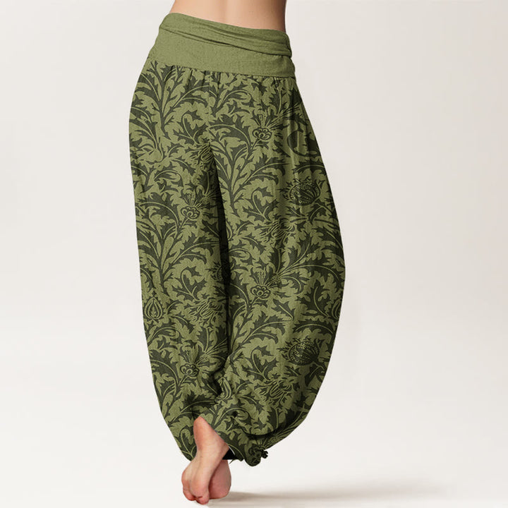 Buddha Stones Cotton Flowers Buds Serrated Leaves Pattern Women's Elastic Waist Harem Pants - image 9
