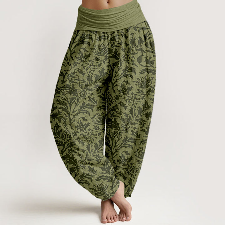 Buddha Stones Cotton Flowers Buds Serrated Leaves Pattern Women's Elastic Waist Harem Pants - DarkOliveGreen - US16，UK/AU20，EU48 (3XL) - image 8