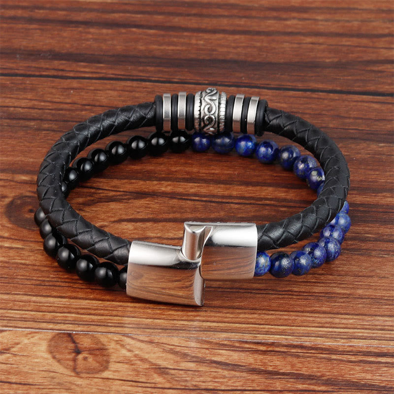 Buddha Stones Black Onyx Lazurite Titanium Steel Fortune Calm Leather Bracelet - image 2