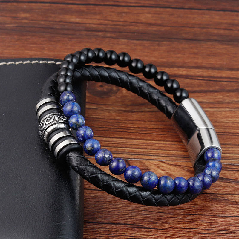 Buddha Stones Black Onyx Lazurite Lapis Lazuli Titanium Steel Fortune Calm Leather Bracelet - image 4