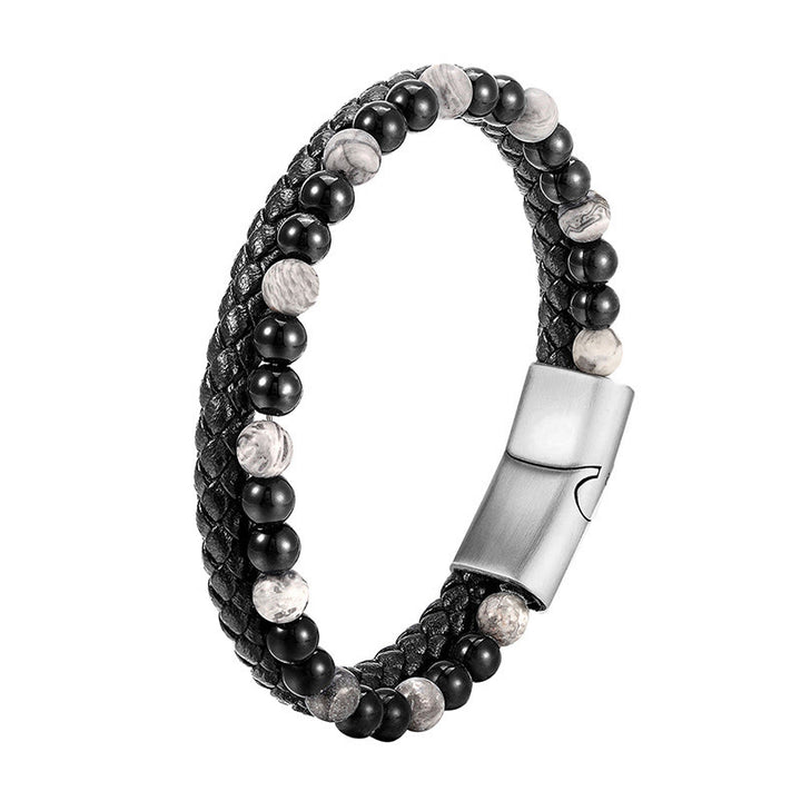 Buddha Stones Black Onyx Grey Jasper Titanium Steel Stability Leather Bracelet - image 9