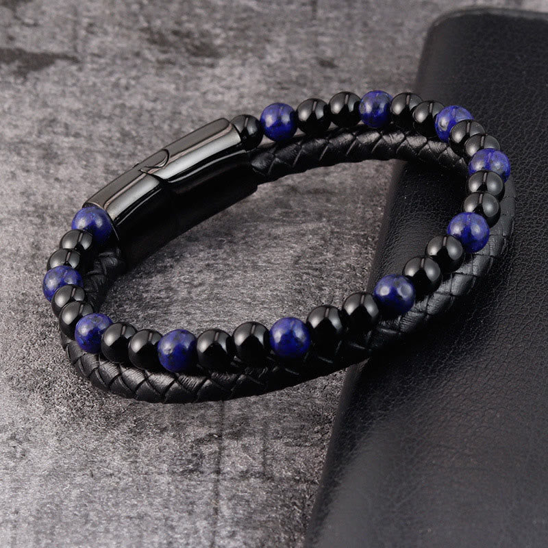 Buddha Stones Black Onyx Lazurite Lapis Lazuli Titanium Steel Positive Self Care Leather Bracelet - image 2