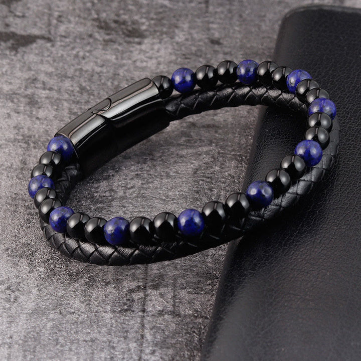 Buddha Stones Black Onyx Lazurite Lapis Lazuli Titanium Steel Positive Self Care Leather Bracelet - image 2