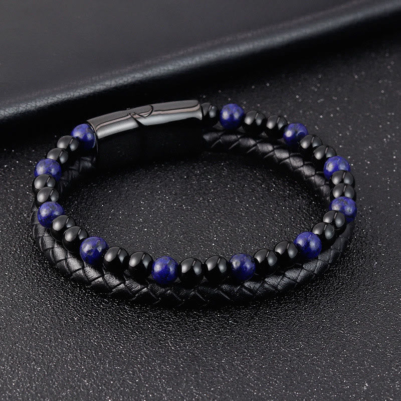Buddha Stones Black Onyx Lazurite Lapis Lazuli Titanium Steel Positive Self Care Leather Bracelet - image 3