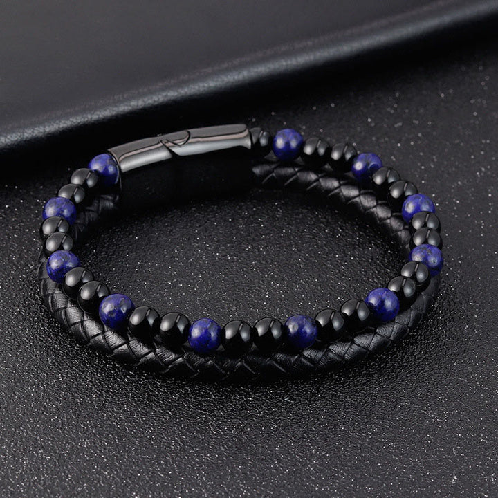 Buddha Stones Black Onyx Lazurite Lapis Lazuli Titanium Steel Positive Self Care Leather Bracelet - image 3