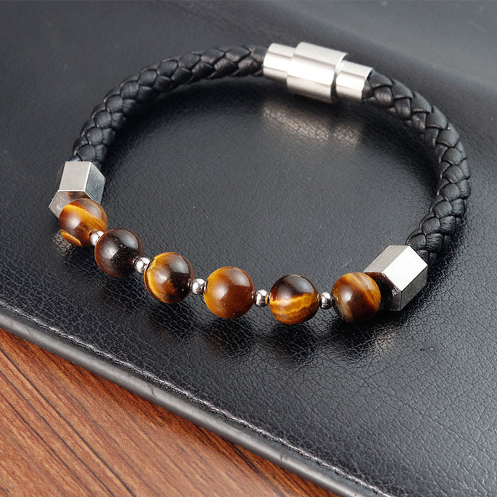 Buddha Stones Tiger Eye Titanium Steel Courage Balance Leather Bracelet - image 4