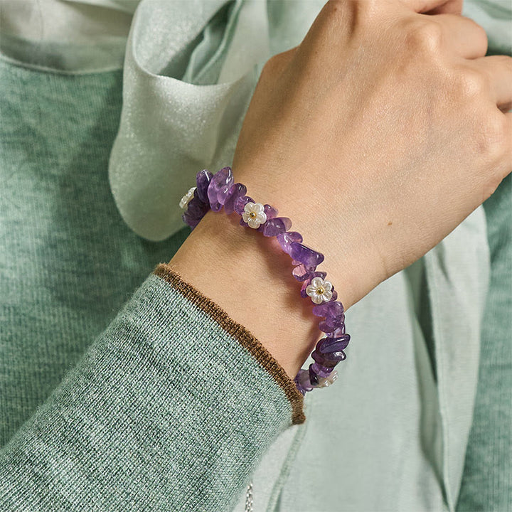 Buddha Stones Irregular Crystal Flower Design Amethyst White Crystal Balance Bracelet - image 4
