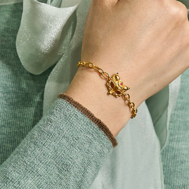 Buddha Stones 24k Gold Plated Brass Fox Design Heart Charm Chain Bracelet - image 6
