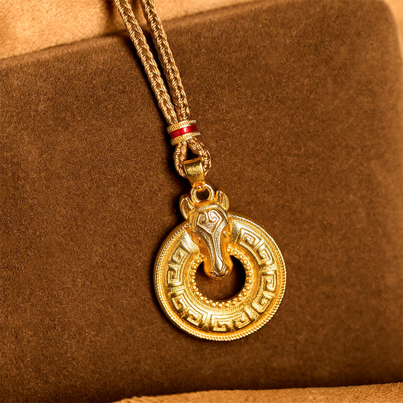 Buddha Stones Year Of The Horse Peace Buckle Fu Character Gold Plated Copper Energy Necklace Pendant - image 3