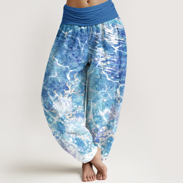 Buddha Stones Cotton Lively Ocean Seashells Coral Pattern Women's Elastic Waist Harem Pants - DodgerBlue - US16，UK/AU20，EU48 (3XL) - image 0