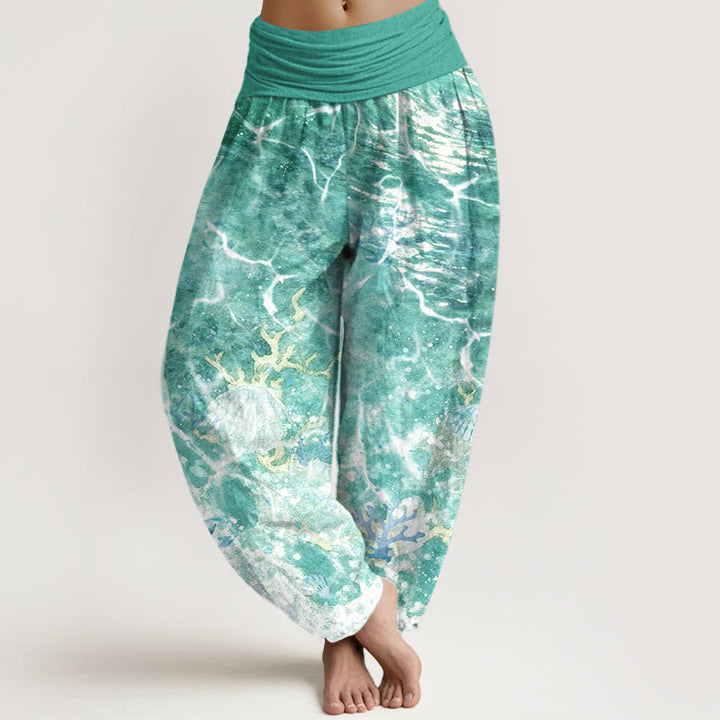 Buddha Stones Cotton Lively Ocean Seashells Coral Pattern Women's Elastic Waist Harem Pants - LightSeaGreen - US16，UK/AU20，EU48 (3XL) - image 8