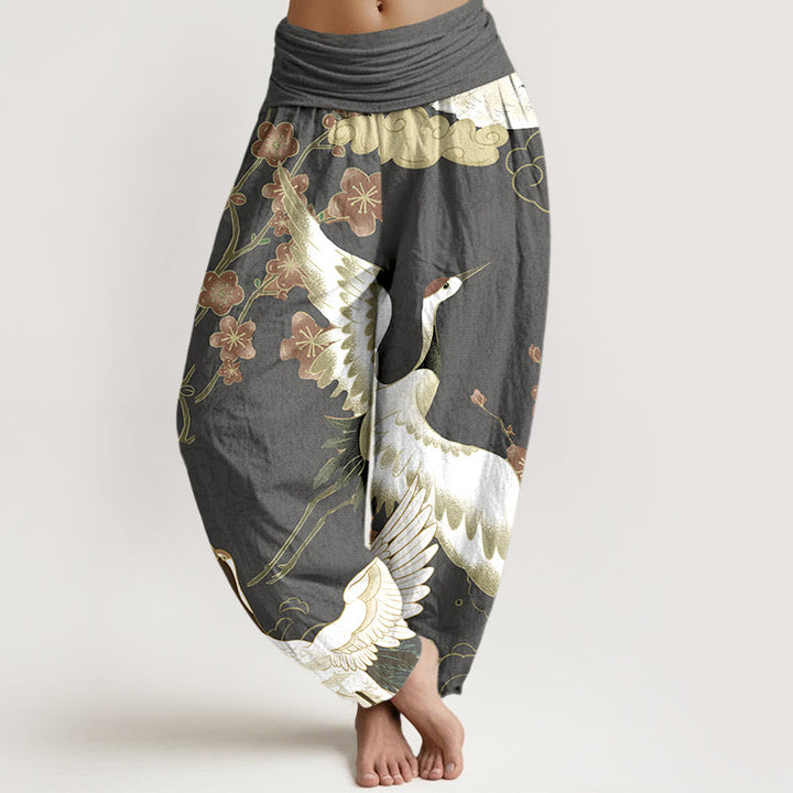Buddha Stones Pure Cotton Cranes Flowers Clouds Patterns Women's Elastic Waist Harem Pants - DimGray - US16，UK/AU20，EU48 (3XL) - image 8