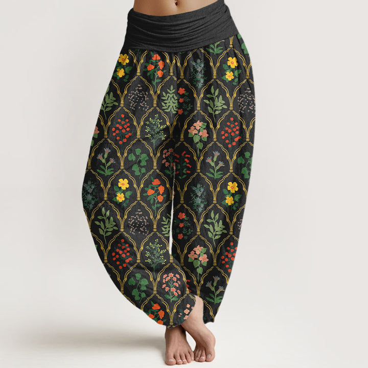 Buddha Stones Pure Cotton Brilliant Flowers Berries Leaves Pattern Women's Elastic Waist Harem Pants - Black - US16，UK/AU20，EU48 (3XL) - image 0