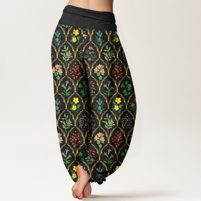 Buddha Stones Pure Cotton Brilliant Flowers Berries Leaves Pattern Women's Elastic Waist Harem Pants - image 1
