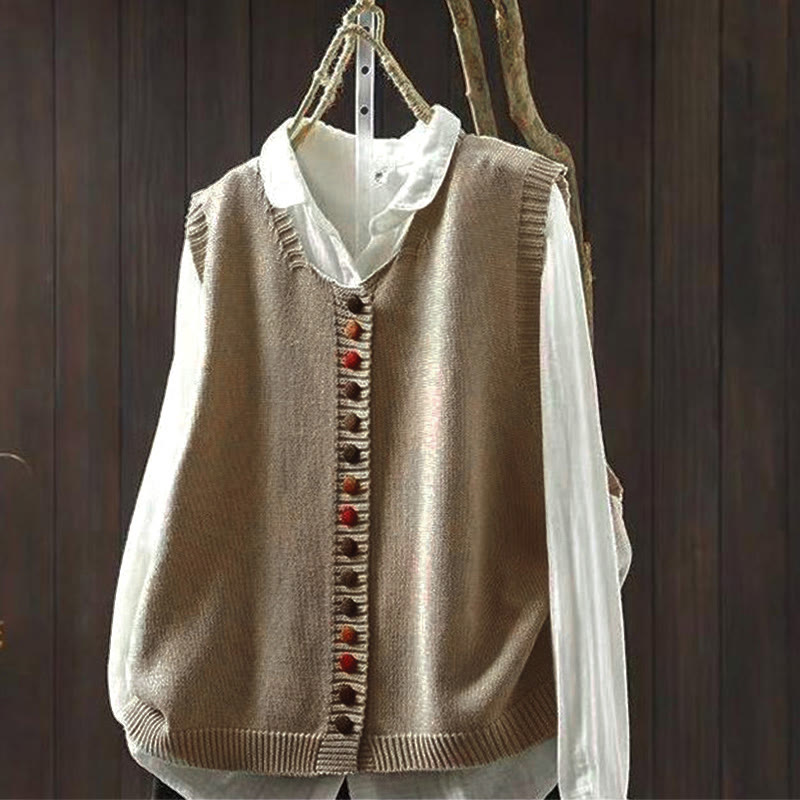 Buddha Stones Colorful Buttons Women's Sleeveless Knitted Vest Waistcoat - Tan - US4-6，UK/AU8-10，EU36-38 (F) - image 1