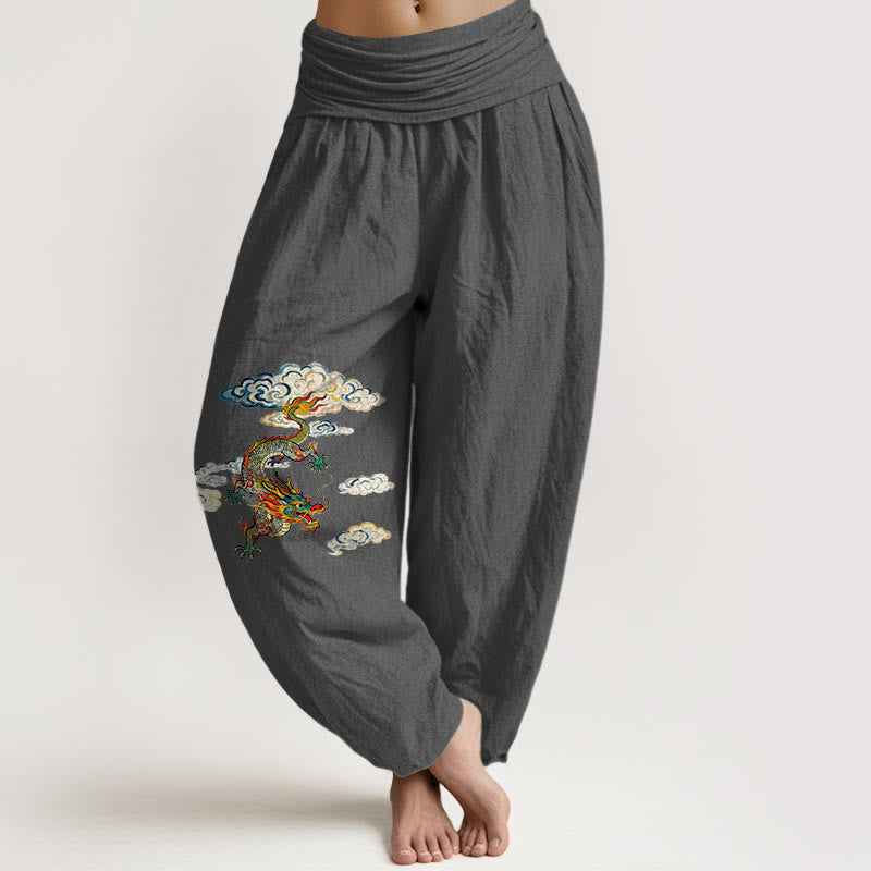 Buddha Stones Pure Cotton Colorful Dragon Cloud Pattern Women's Elastic Waist Harem Pants - DimGray - US16，UK/AU20，EU48 (3XL) - image 8