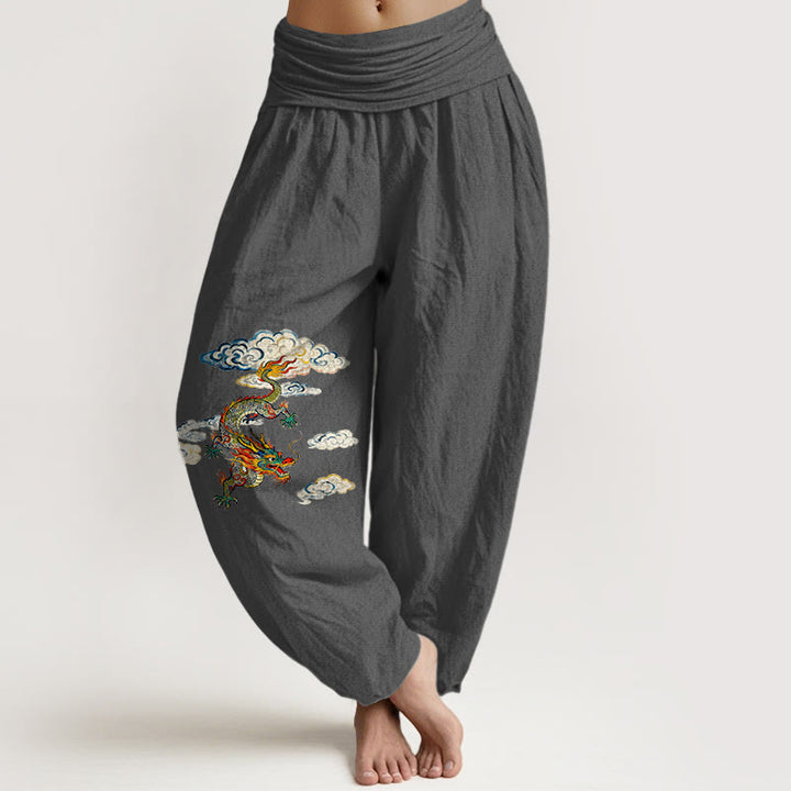 Buddha Stones Pure Cotton Colorful Dragon Cloud Pattern Women's Elastic Waist Harem Pants - DimGray - US16，UK/AU20，EU48 (3XL) - image 8
