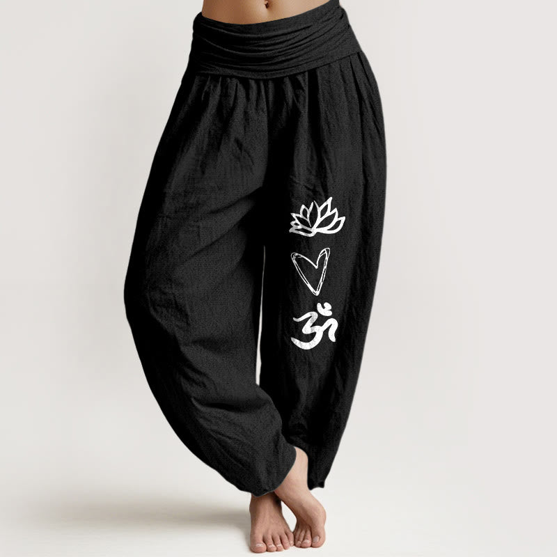 Buddha Stones Pure Cotton Lotus Heart Shape Om Symbol Pattern Women's Elastic Waist Harem Pants - Black - US16，UK/AU20，EU48 (3XL) - image 5