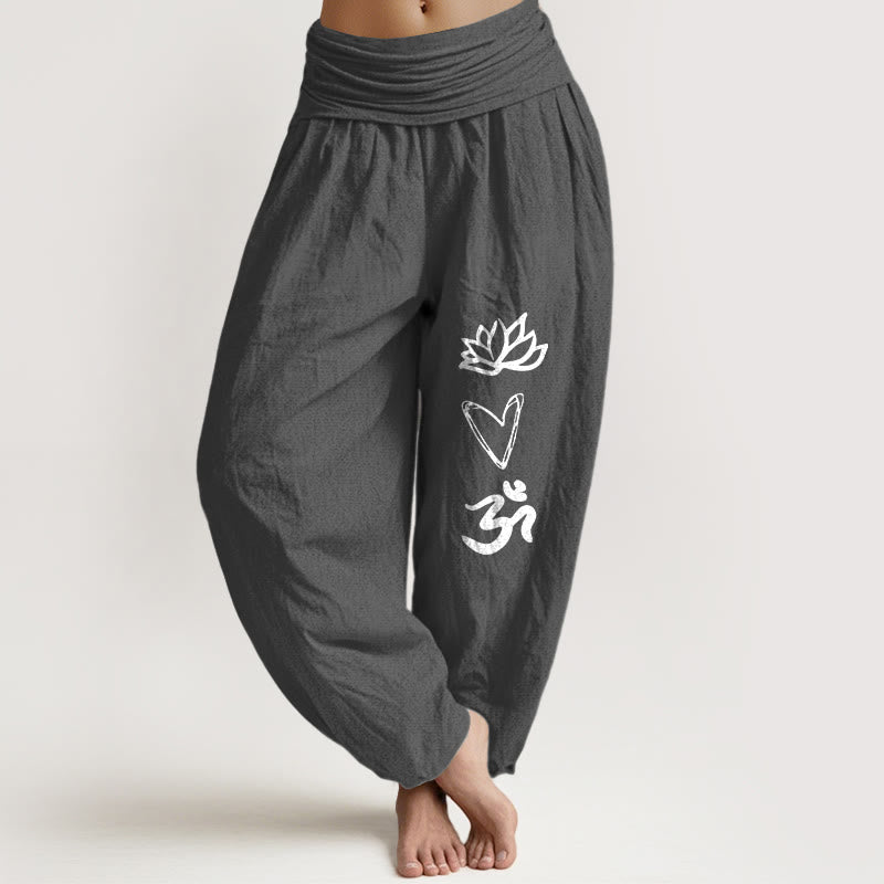 Buddha Stones Pure Cotton Lotus Heart Shape Om Symbol Pattern Women's Elastic Waist Harem Pants - DimGray - US16，UK/AU20，EU48 (3XL) - image 8