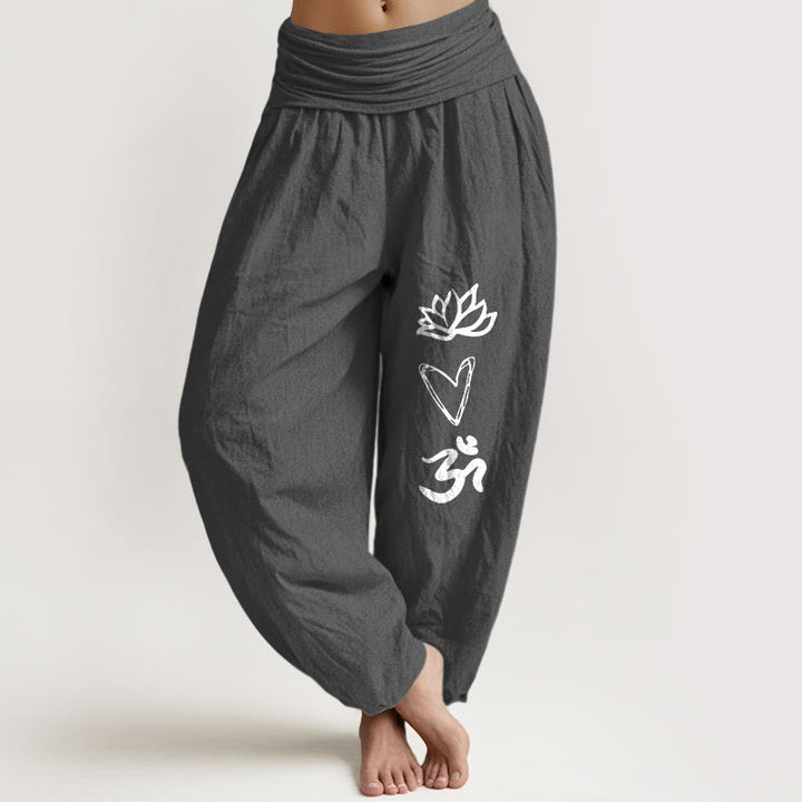 Buddha Stones Pure Cotton Lotus Heart Shape Om Symbol Pattern Women's Elastic Waist Harem Pants - DimGray - US16，UK/AU20，EU48 (3XL) - image 8