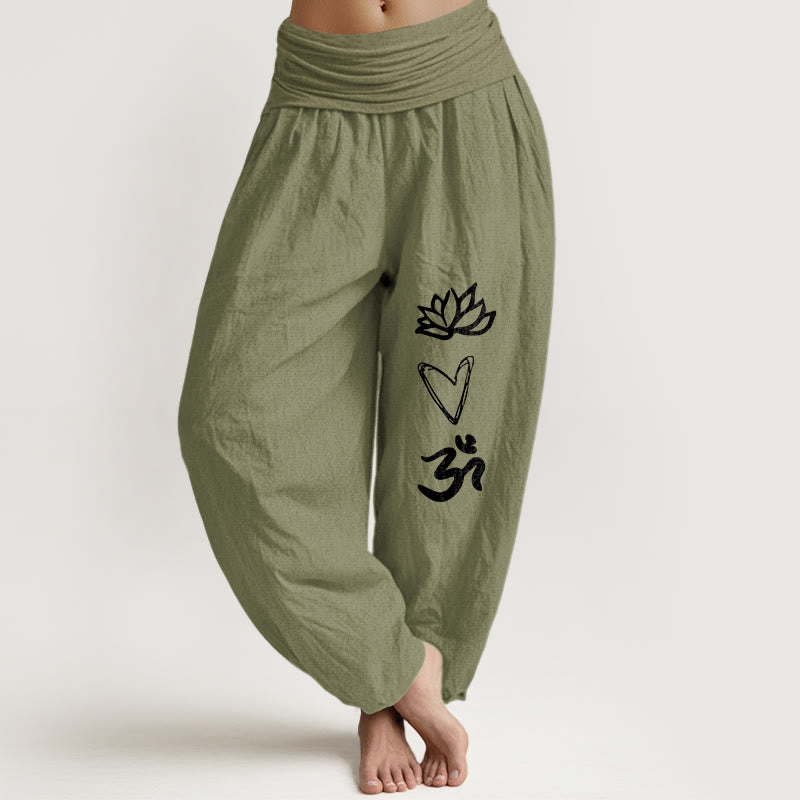 Buddha Stones Pure Cotton Lotus Heart Shape Om Symbol Pattern Women's Elastic Waist Harem Pants - OliveDrab - US16，UK/AU20，EU48 (3XL) - image 14