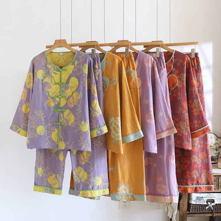 Buddha Stones 2pcs Frog-Button Printed Long Sleeve Shirt Pants With Pockets Cotton Set  - image 25