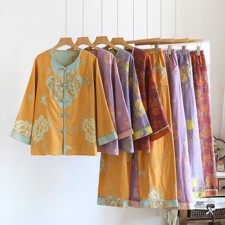 Buddha Stones 2pcs Frog-Button Printed Long Sleeve Shirt Pants With Pockets Cotton Set  - image 24