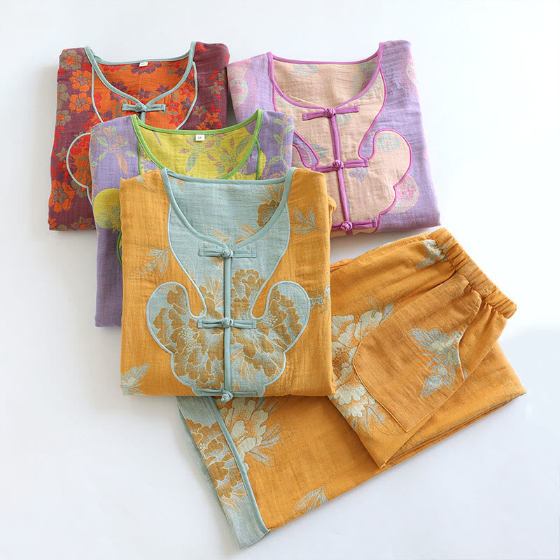 Buddha Stones 2pcs Frog-Button Printed Long Sleeve Shirt Pants With Pockets Cotton Set  - image 22
