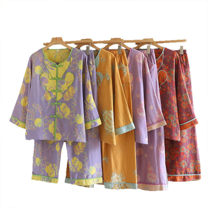 Buddha Stones 2pcs Frog-Button Printed Long Sleeve Cardigan Shirt Pants With Pockets Cotton Set  - image 26