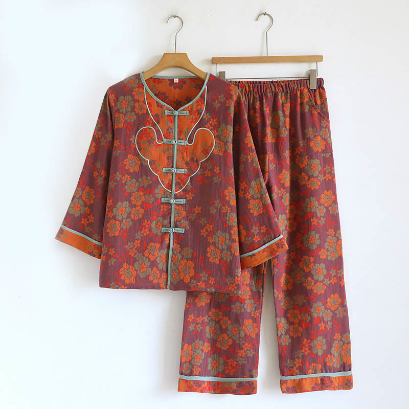 Buddha Stones 2pcs Frog-Button Printed Long Sleeve Shirt Pants With Pockets Cotton Set  - FireBrick - US8-10，UK/AU12-14，EU40-42 (XL) - image 20