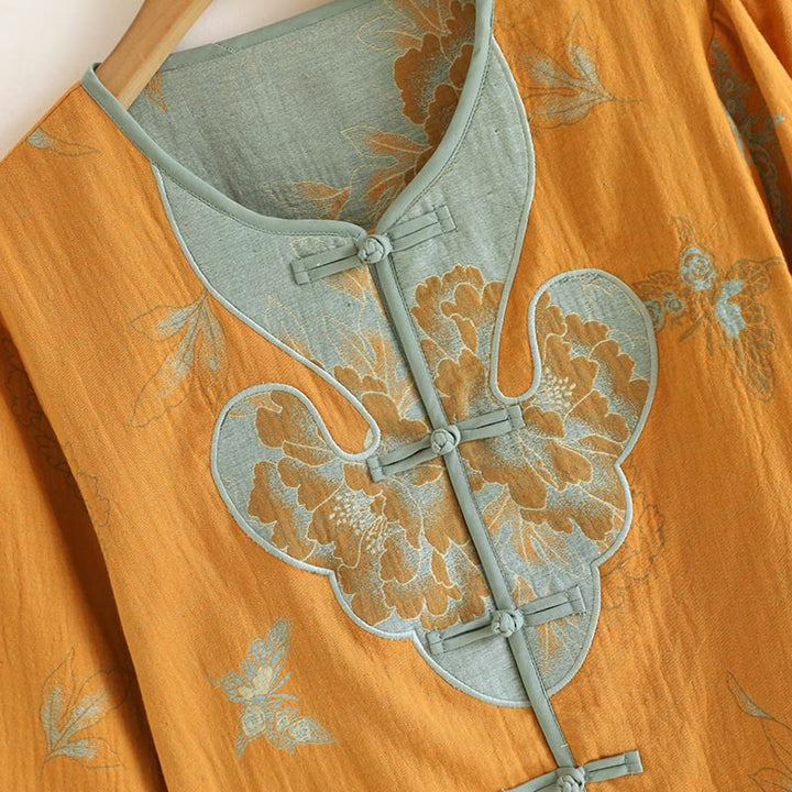 Buddha Stones 2pcs Frog-Button Printed Long Sleeve Shirt Pants With Pockets Cotton Set  - image 3