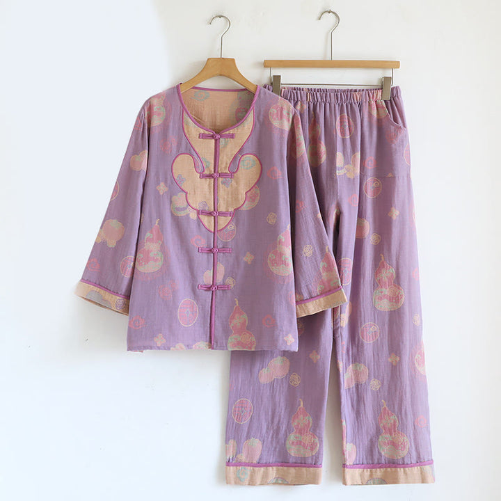 Buddha Stones 2pcs Frog-Button Printed Long Sleeve Shirt Pants With Pockets Cotton Set  - Orchid - US8-10，UK/AU12-14，EU40-42 (XL) - image 19