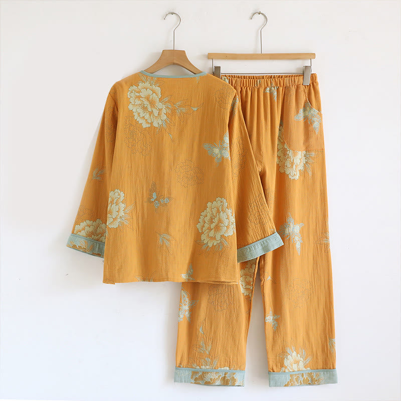 Buddha Stones 2pcs Frog-Button Printed Long Sleeve Shirt Pants With Pockets Cotton Set  - image 1