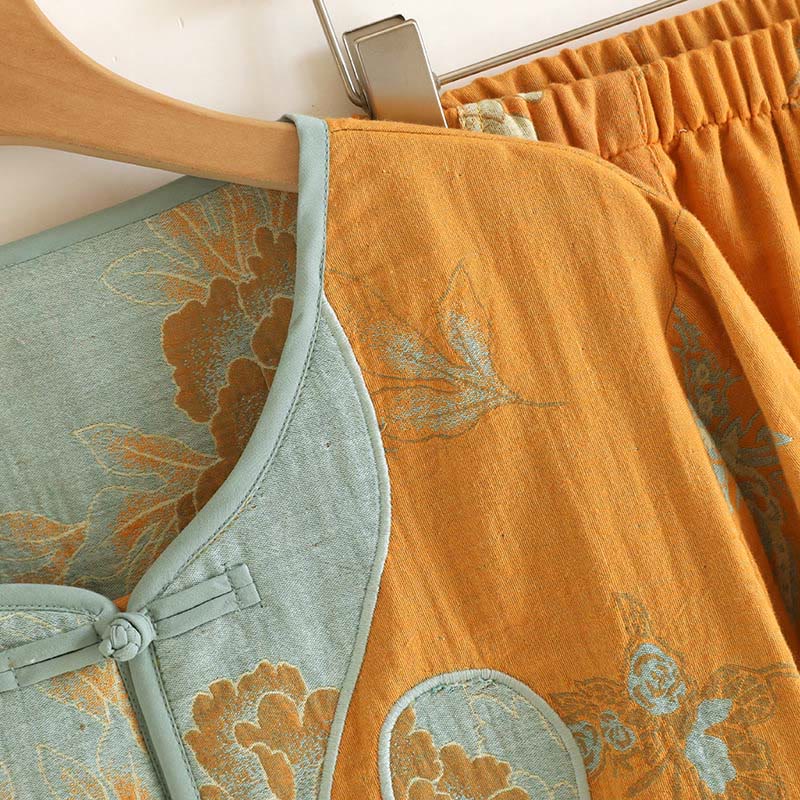 Buddha Stones 2pcs Frog-Button Printed Long Sleeve Shirt Pants With Pockets Cotton Set  - image 4