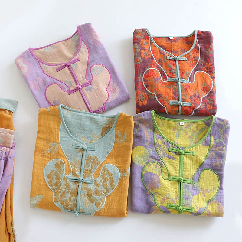 Buddha Stones 2pcs Frog-Button Printed Long Sleeve Shirt Pants With Pockets Cotton Set  - image 23