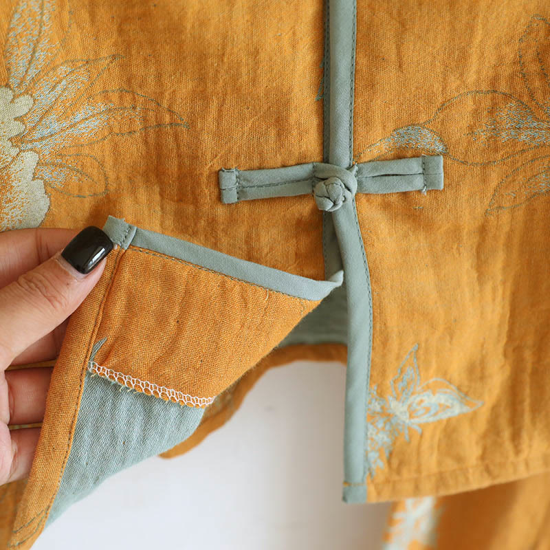 Buddha Stones 2pcs Frog-Button Printed Long Sleeve Shirt Pants With Pockets Cotton Set  - image 11