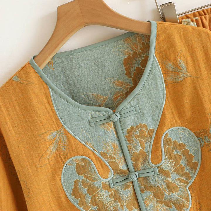 Buddha Stones 2pcs Frog-Button Printed Long Sleeve Shirt Pants With Pockets Cotton Set  - image 2